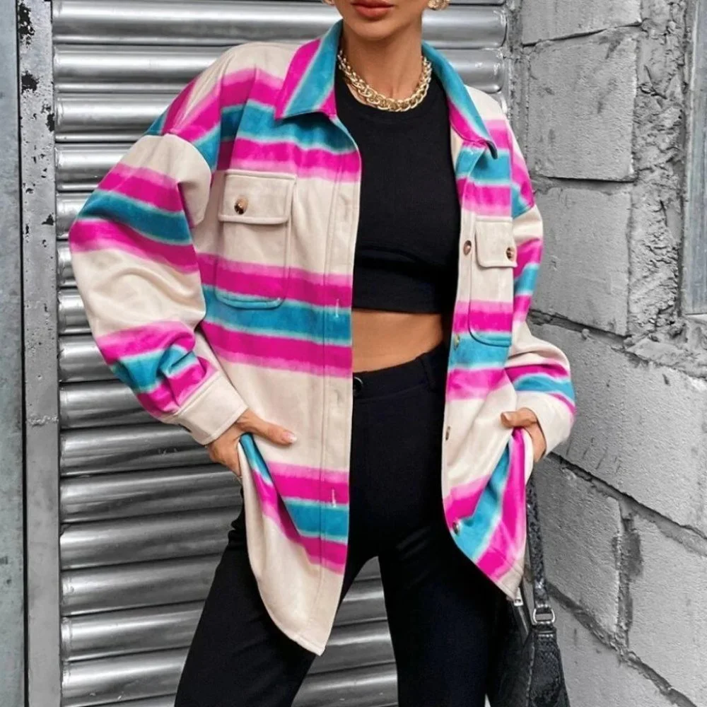 Striped Print Button down Shacket shirt jacket Coat - Picture 2 of 6